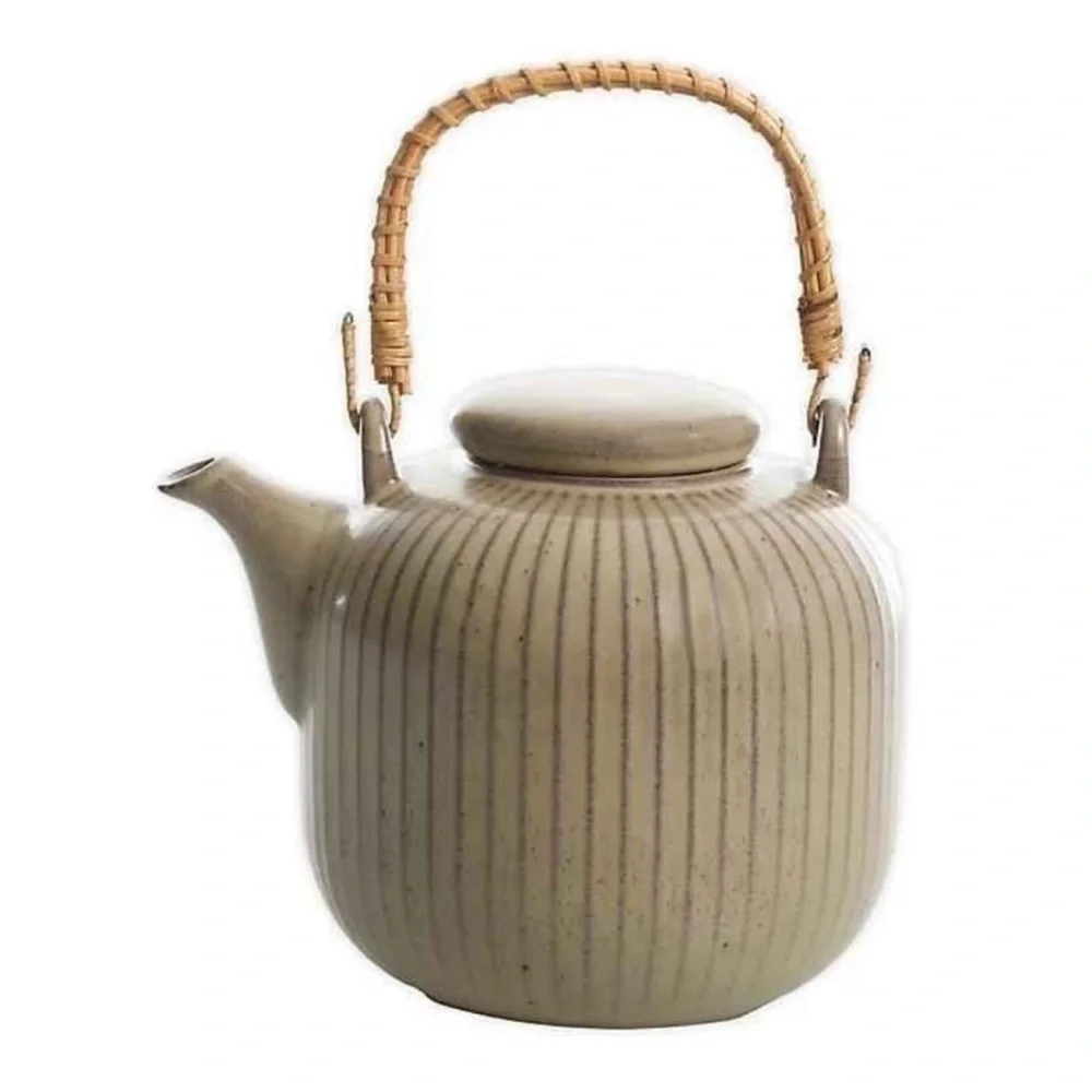 Artisanal Kitchen Supply Ceramic Teapot in Sand w/ Wicker Handle NWOT